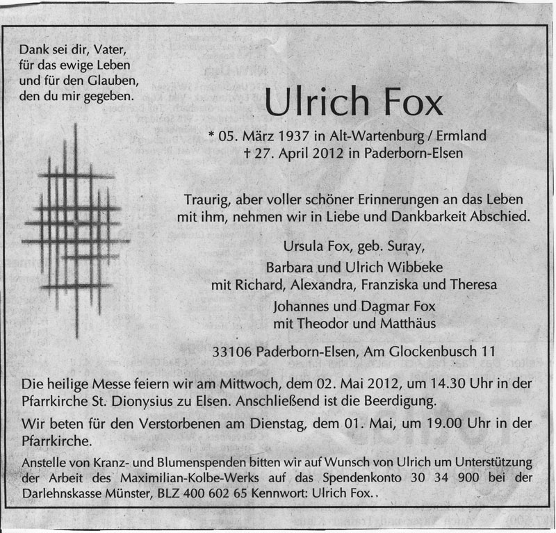 Ulrich Fox (1937-2012) gestorben